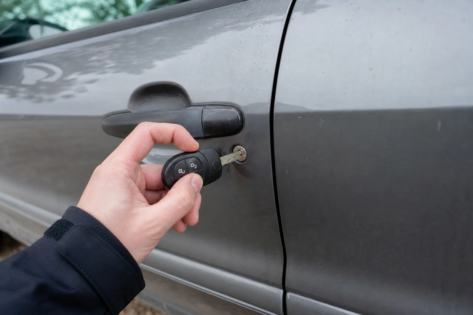 Ranka priglaudžia metalinę rakto geležtę prie automobilio durų spynos.
