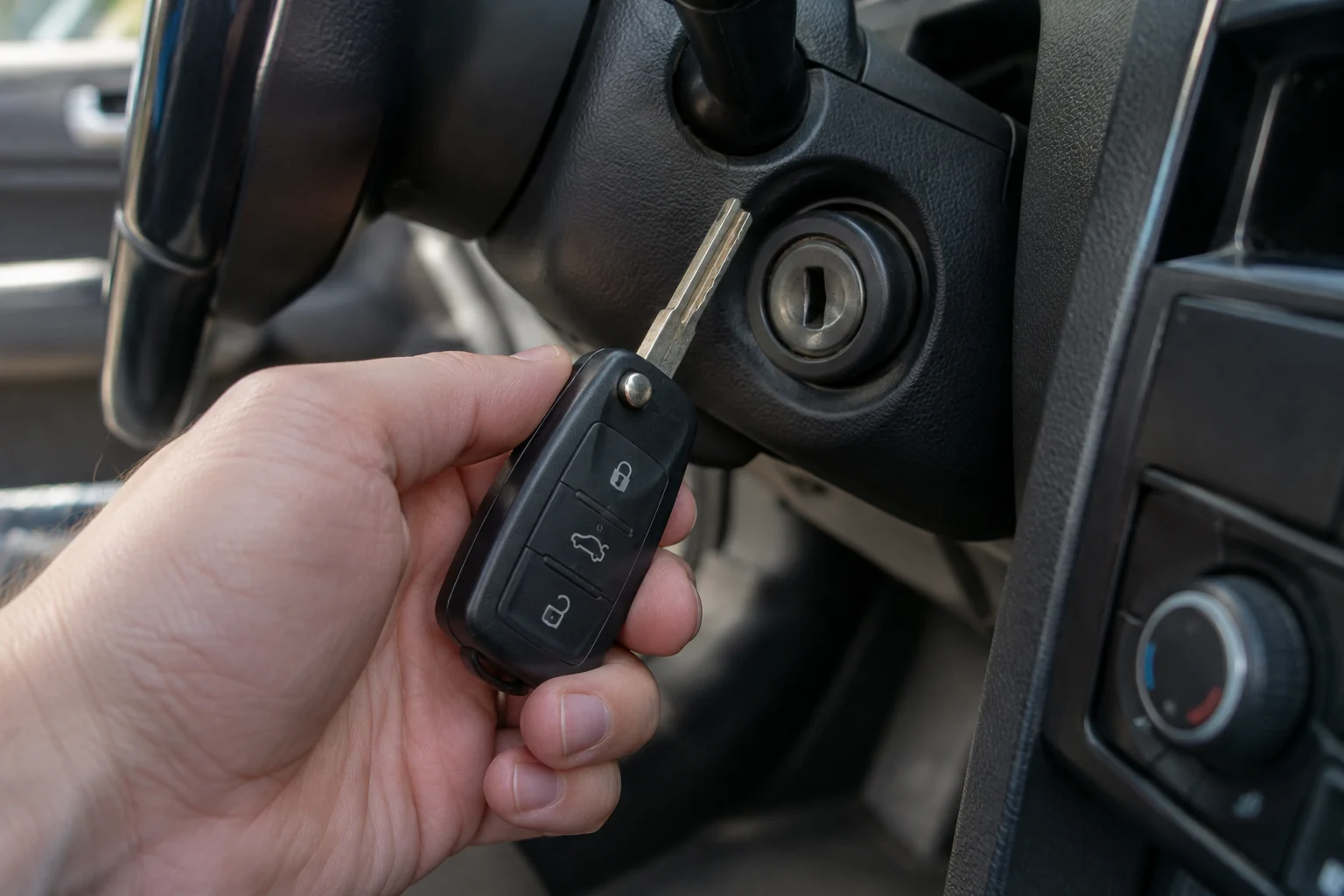 Rankoje apžiūrima automobilio rakto geležtė šalia užvedimo spynos.