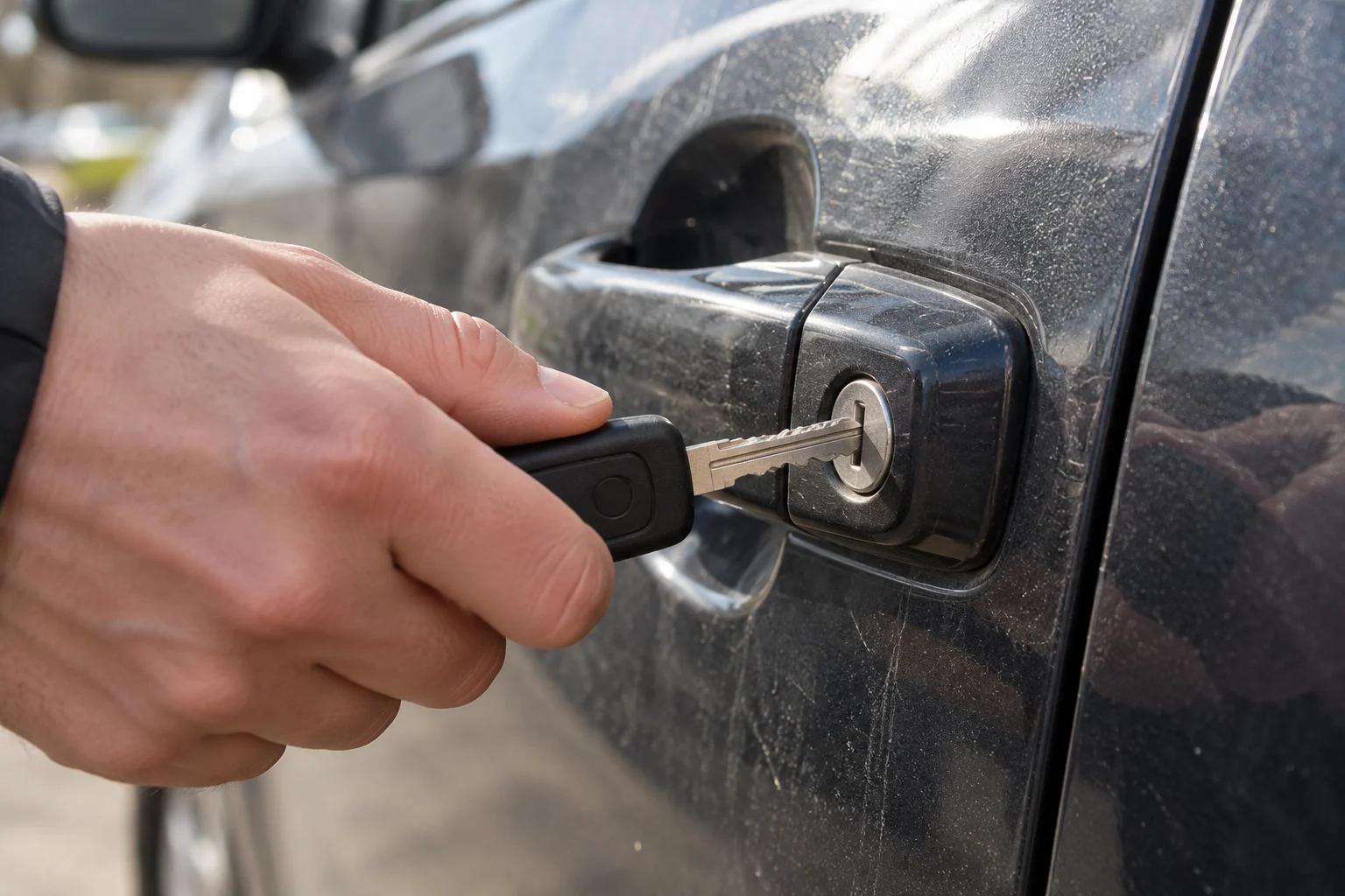 Ranka atsargiai bando įkišti automobilio rakto geležtę į durų spyną.