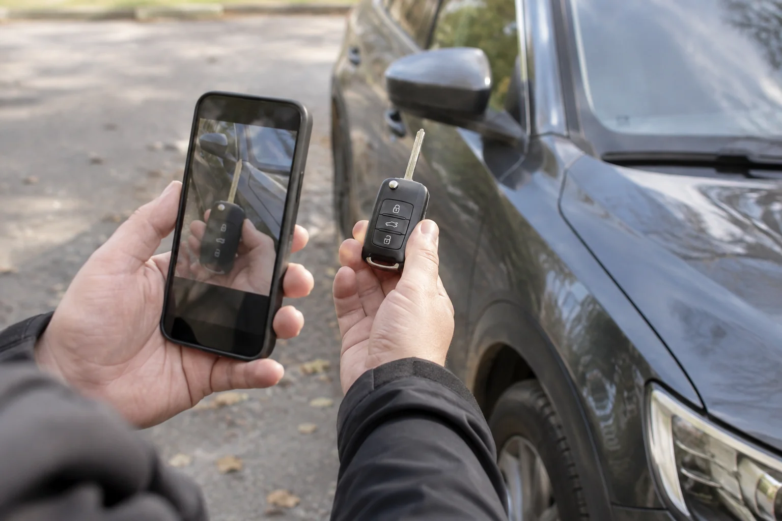 Išmaniuoju telefonu fotografuojamas automobilio raktas šalia automobilio.