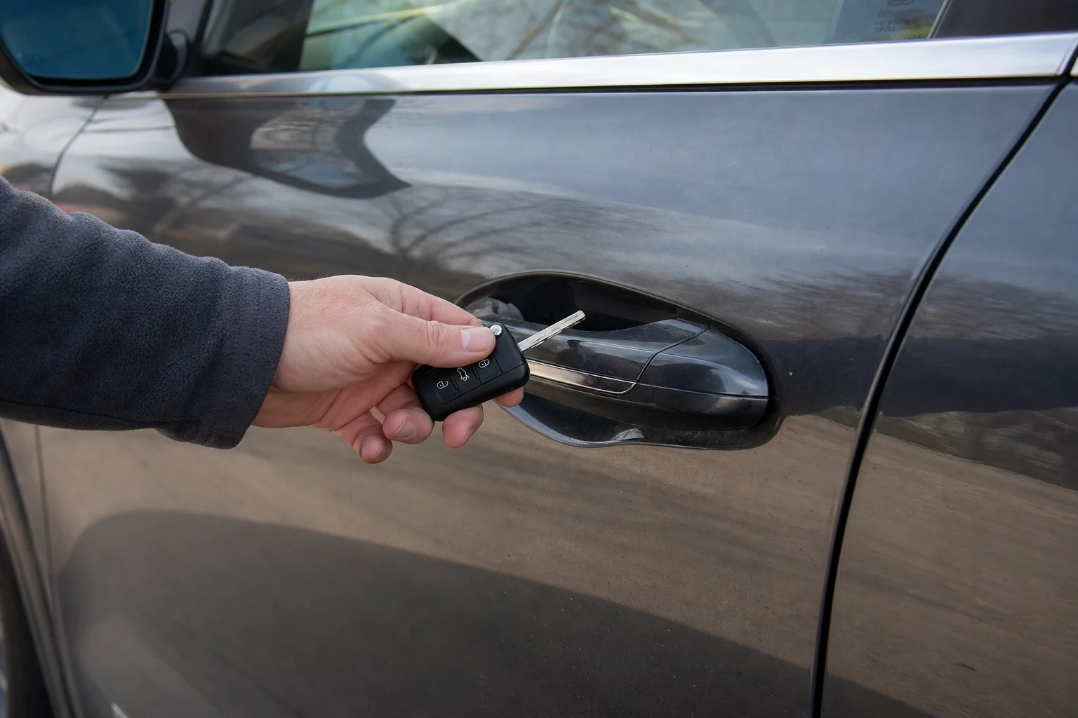 Prie automobilio durų rankenos laikomas nuotolinio valdymo raktas.