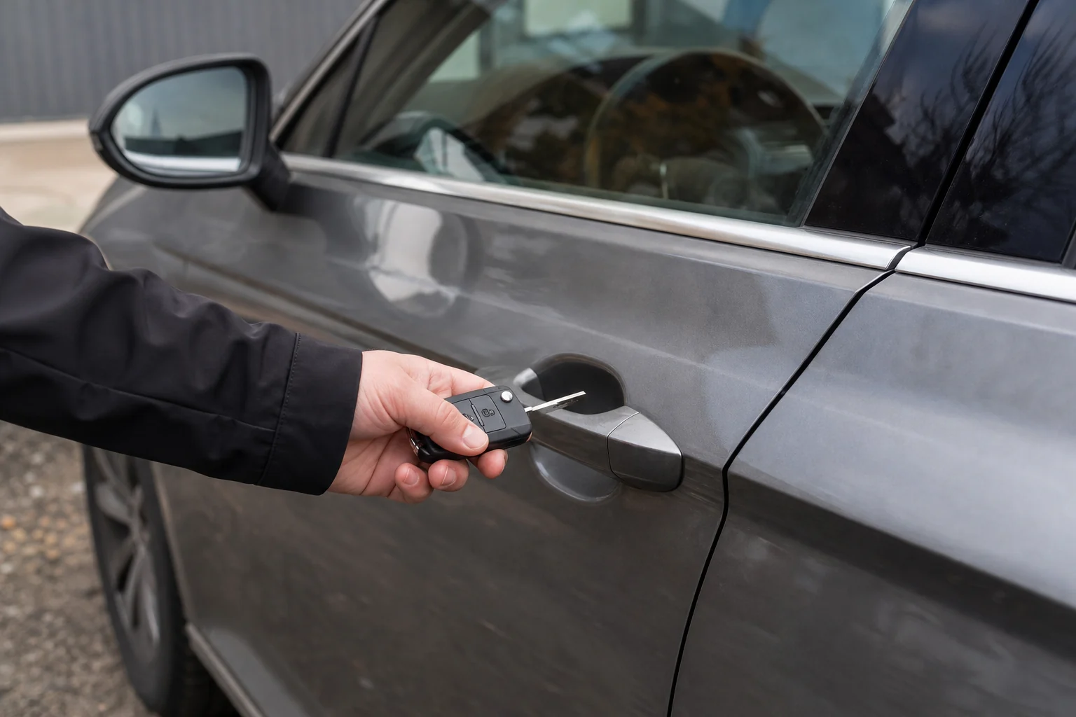 Ranka laiko automobilio rakto pultelį prie durelių rankenos prieš tikrinant jo veikimą.