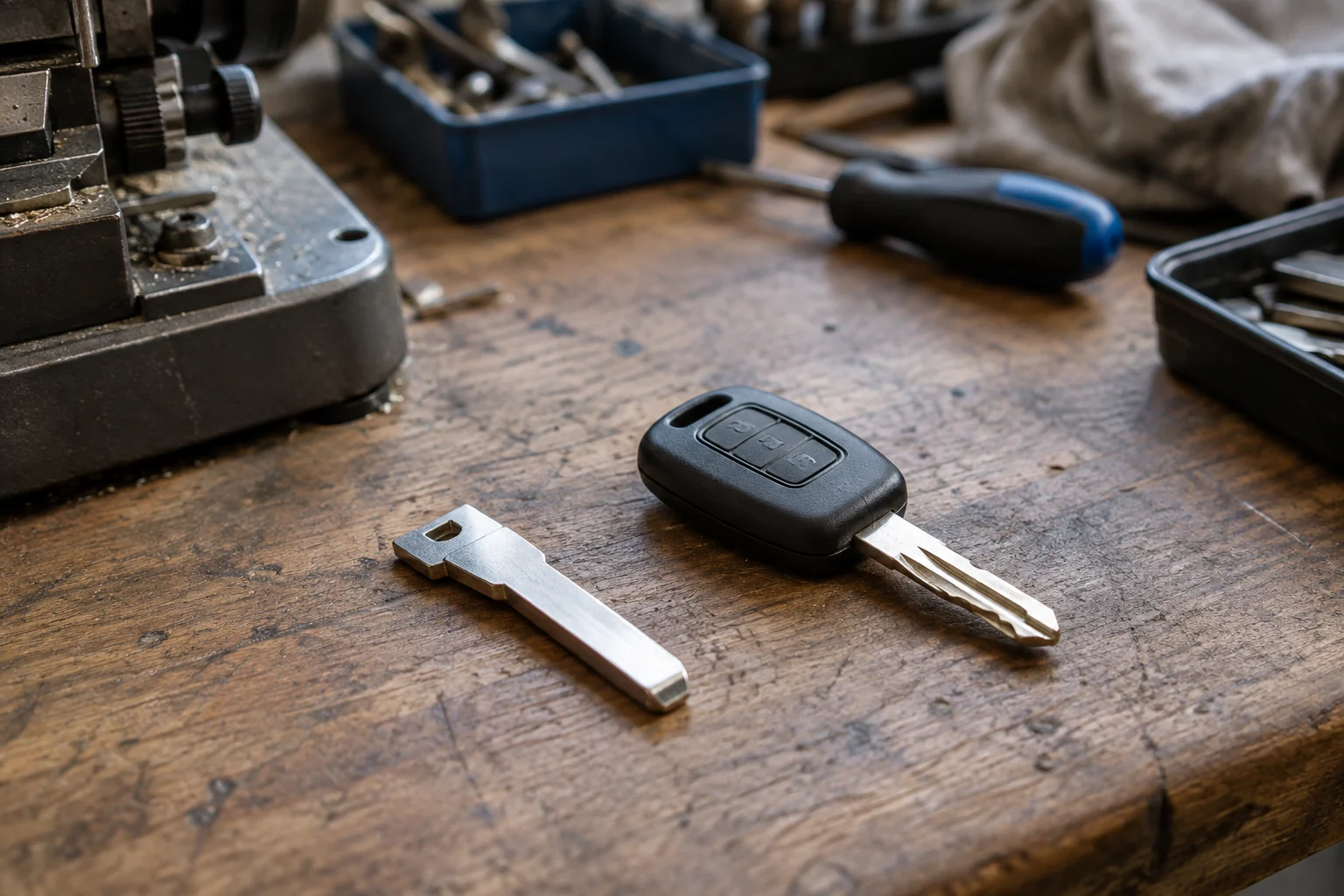 Ant darbo stalo guli neapdirbta rakto geležtė ir išpjautą geležtę turintis automobilio raktas.