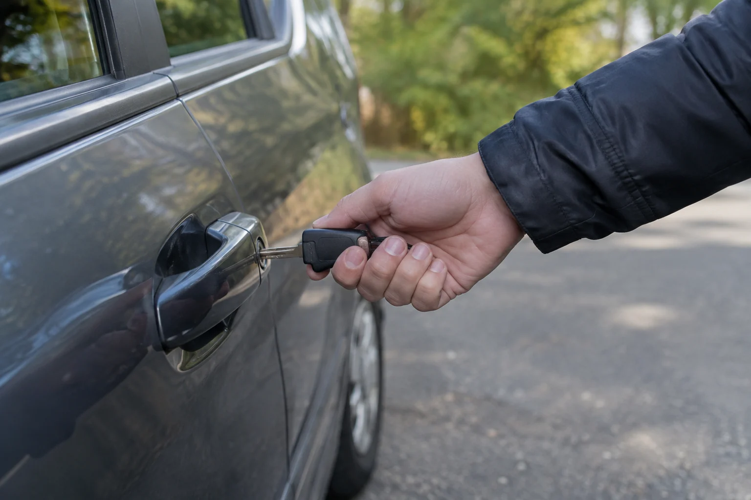 Ranka įstato automobilio raktą į durų spyną.