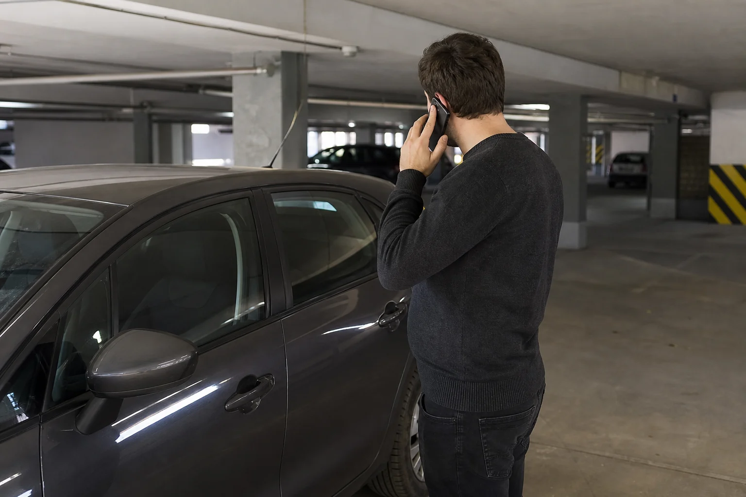 Žmogus kalba telefonu šalia automobilio požeminėje aikštelėje.