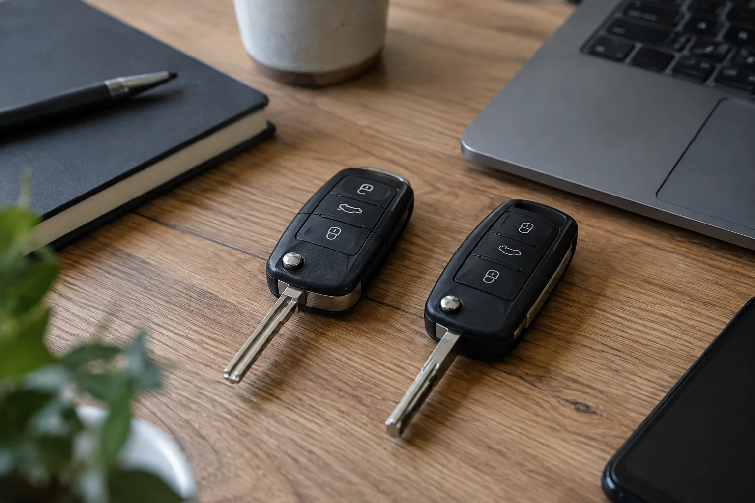 Ant darbastalio greta padėti du skirtingi automobilio nuotoliniai raktai su matomomis geležtėmis.