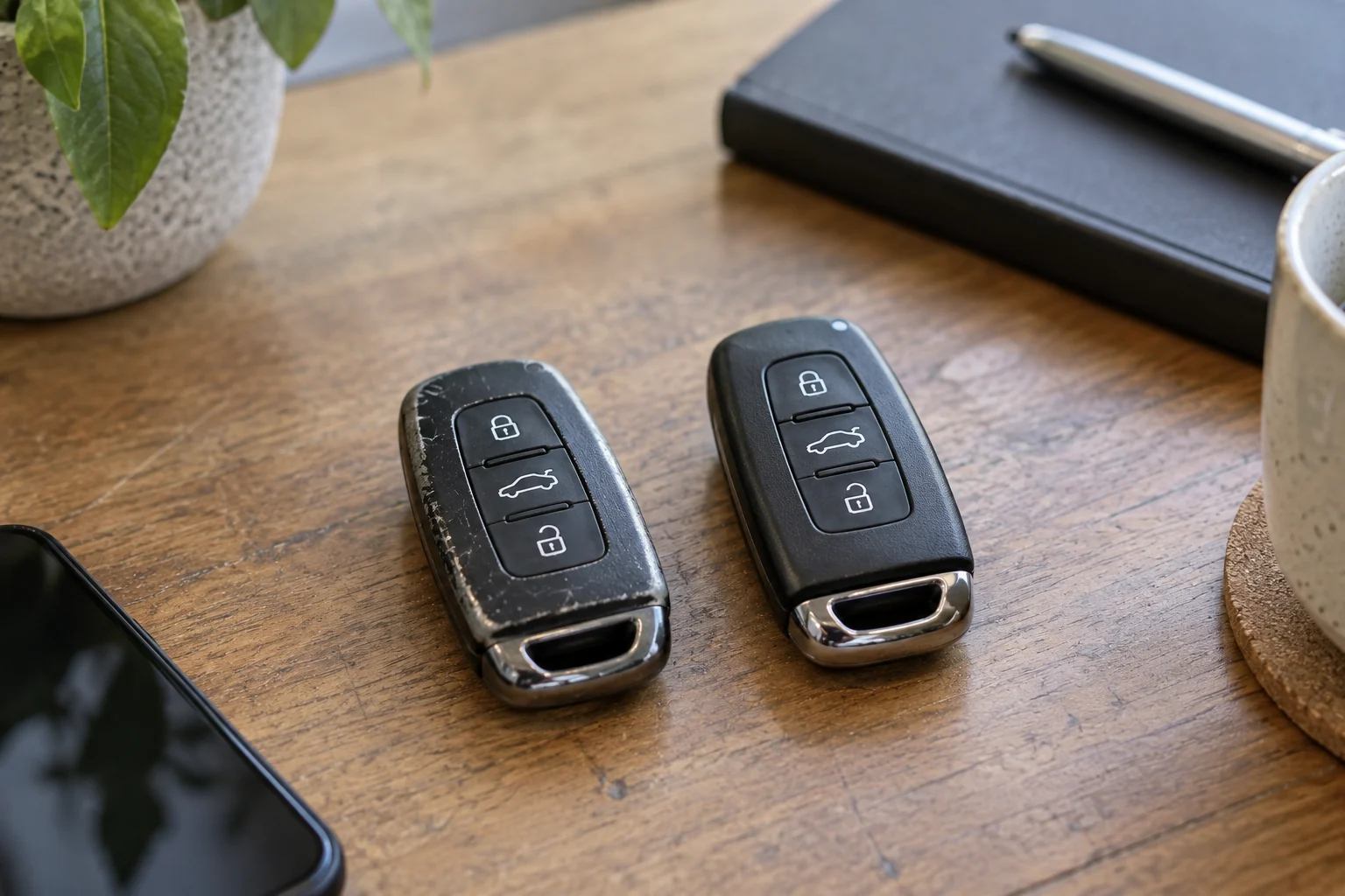 Ant stalo guli nusidėvėjęs ir tvarkingesnis automobilio raktų pulteliai.
