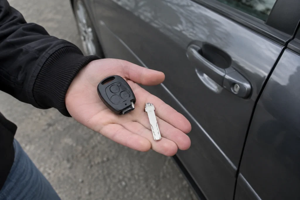 Rankoje laikomas sulūžęs automobilio raktas prie uždarytų automobilio durų.