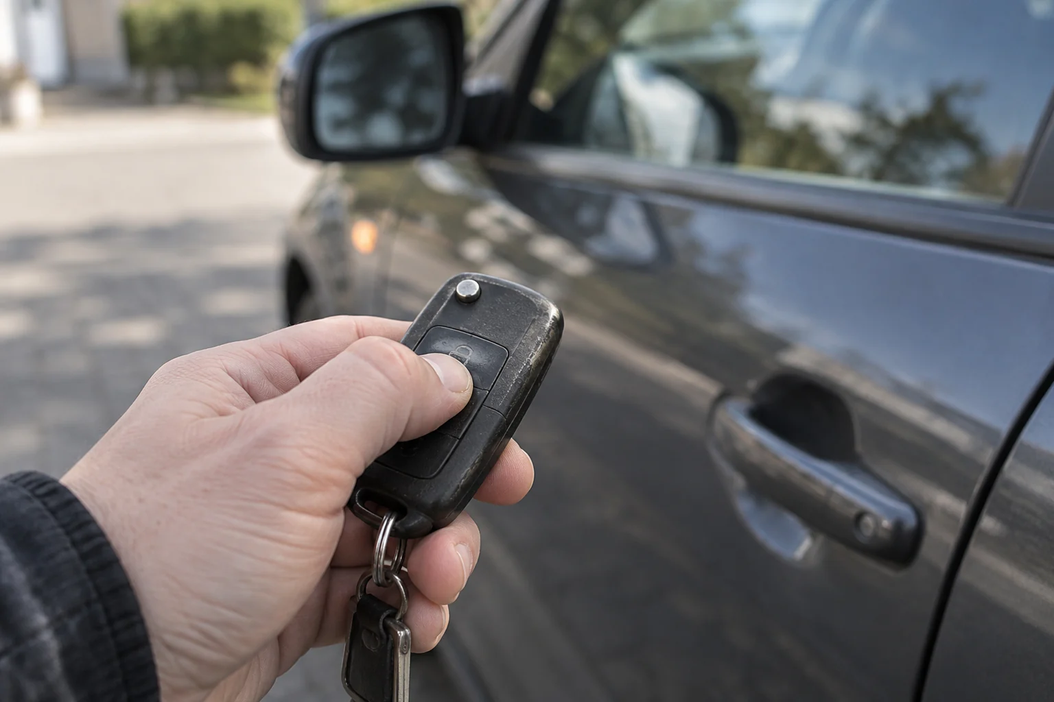 Žmogus spaudžia nusidėvėjusį automobilio rakto pultelio mygtuką prie automobilio.
