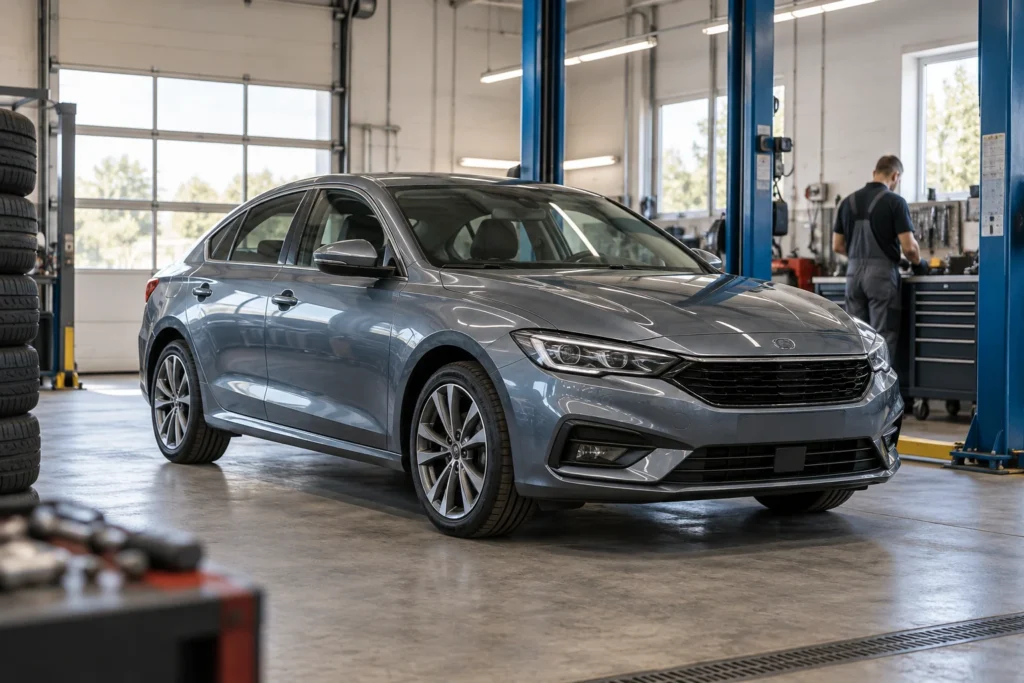 Rankoje laikomas tuščias automobilio rakto korpusas prie automobilio.