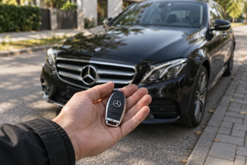 Prie uždaryto automobilio stovintis žmogus delne laiko nuotolinį raktą.